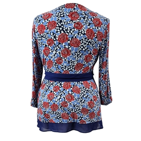 Modcloth Blue Red Floral Belted Surplice Neck Knit Blouse Chiffon Trim Stretchy - Picture 2 of 8